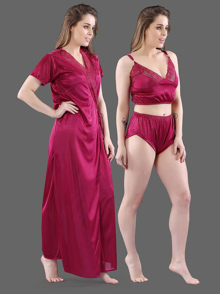 Be You Magenta Maxi Satin 3 Piece Nightdress