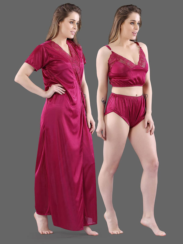 Be You Magenta Maxi Satin 3 Piece Nightdress