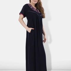Be You Women Navy Blue Embroidered Maxi Nightdress