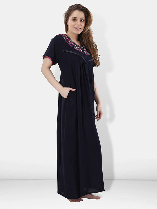 Be You Women Navy Blue Embroidered Maxi Nightdress