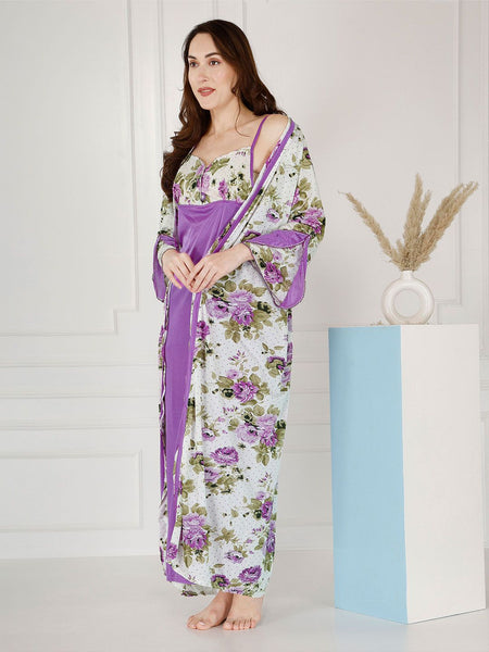 Be You Floral Printed Shoulder Straps Satin Maxi Nightdress With Robe