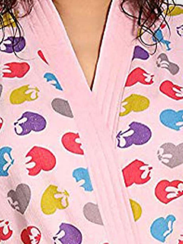 Be You Hearts Pink Conversational Cotton Drawstring Knee Length Bath Robe
