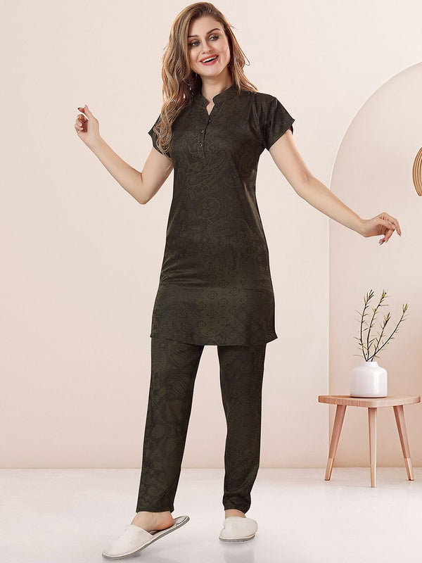 Be You Ethnic Motifs Printed Mandarin Collar Longline Night Suit