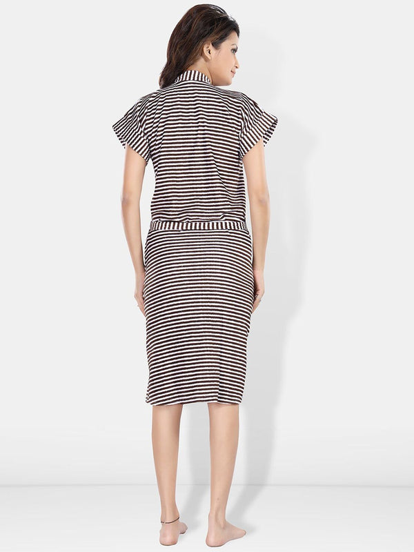 Be You Brown Striped Cotton Drawstring Knee Length Bath Robe-2XL