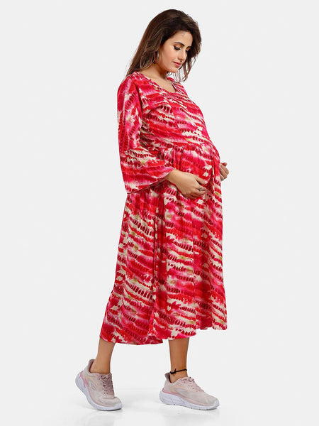 Be You Abstract Printed Bell Sleeves Maternity Fit and Flare Dress