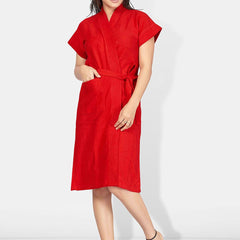 Be You Red Solid Cotton Drawstring Knee Length Bath Robe-L/XL