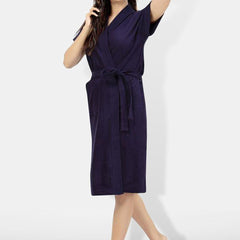 Be You Navy Blue Solid Cotton Drawstring Knee Length Bath Robe-L/XL