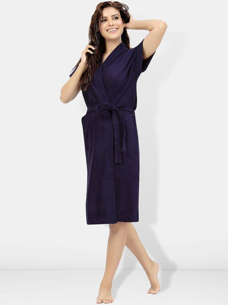 Be You Navy Blue Solid Cotton Drawstring Knee Length Bath Robe-L/XL