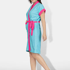 Be You Two-Tone Blue Solid Cotton Drawstring Knee Length Bath Robe
