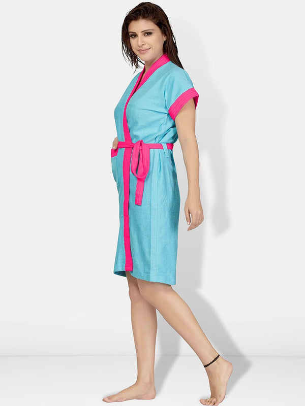 Be You Two-Tone Blue Solid Cotton Drawstring Knee Length Bath Robe