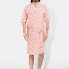 Be You Peach Striped Cotton Drawstring Knee Length Bath Robe-3XL