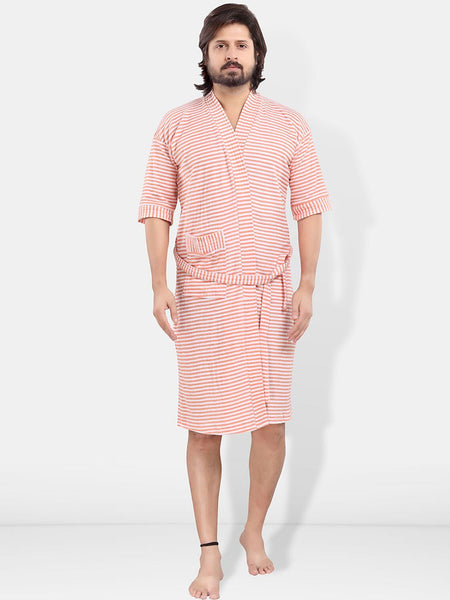 Be You Peach Striped Cotton Drawstring Knee Length Bath Robe-3XL