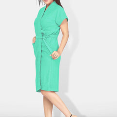 Be You Sea Green Solid Cotton Drawstring Knee Length Bath Robe