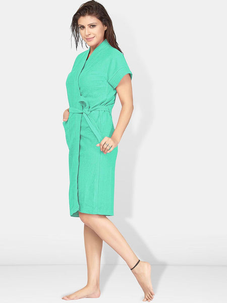 Be You Sea Green Solid Cotton Drawstring Knee Length Bath Robe