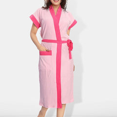 Be You Two-Tone, Fashion Pink Solid Cotton Drawstring Knee Length Bath Robe-L/XL