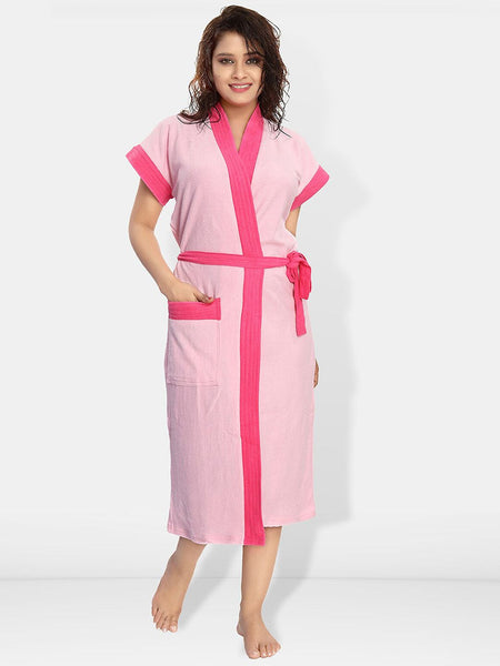 Be You Two-Tone, Fashion Pink Solid Cotton Drawstring Knee Length Bath Robe-L/XL