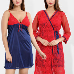 Be You Floral Lace Shoulder Straps Satin Nightdress With Robe
