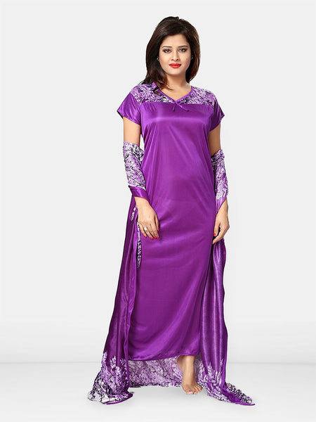 Be You Women Printed V-Neck Maxi Nightdress with Robe