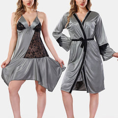 Be You Solid Lace Details Satin Nighty with Robe