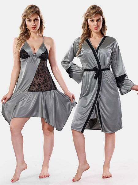 Be You Solid Lace Details Satin Nighty with Robe