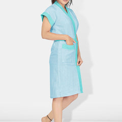 Be You Two-Tone Blue Solid Cotton Drawstring Knee Length Bath Robe