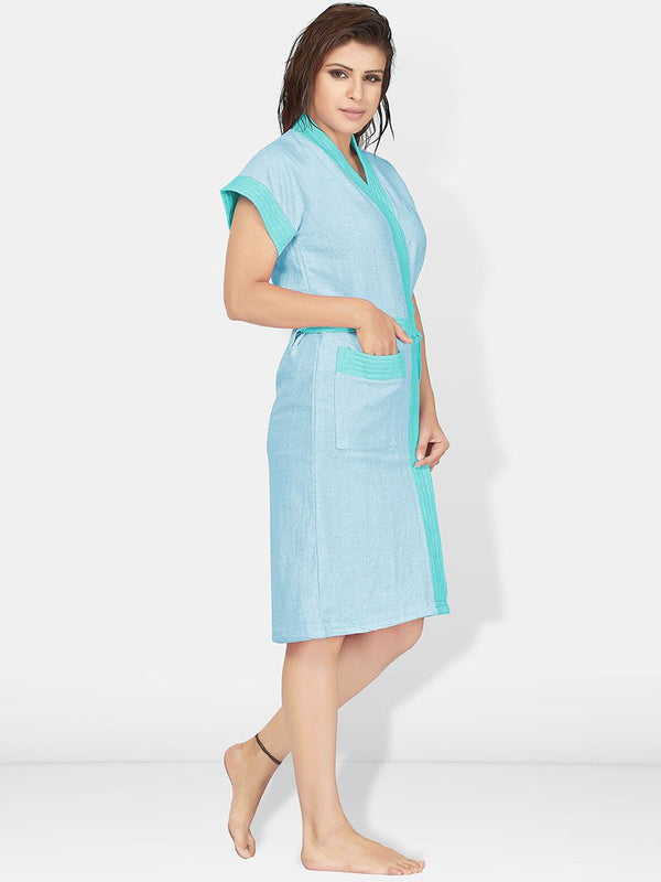 Be You Two-Tone Blue Solid Cotton Drawstring Knee Length Bath Robe
