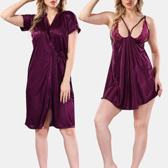 Be You Solid Lace Details Satin Nighty with Robe