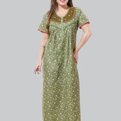Be You Olive Green Embroidered Maxi Nightdress