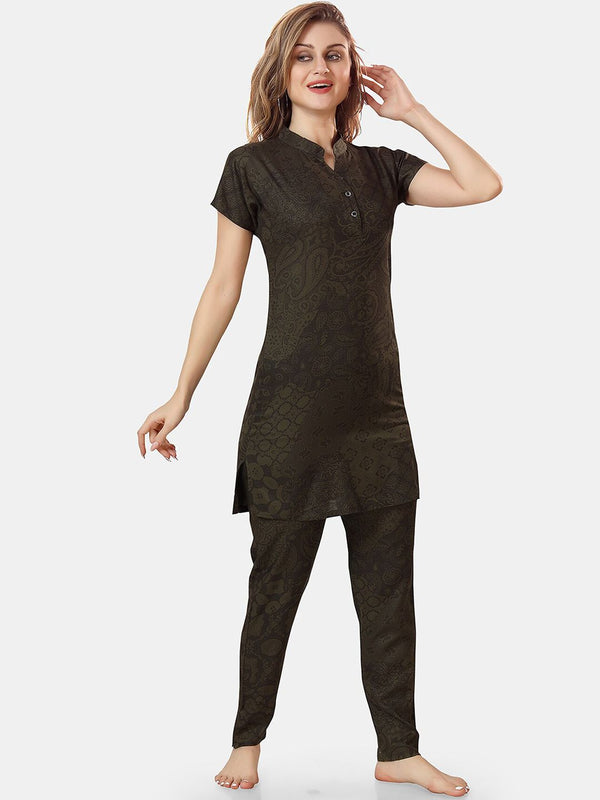 Be You Ethnic Motifs Printed Mandarin Collar Longline Night Suit
