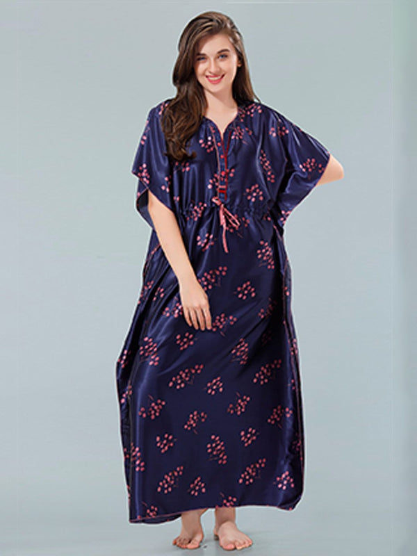 Be You Navy Blue Printed Maxi Kaftan Nightdress
