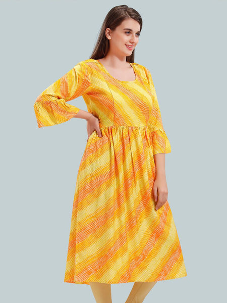 Be You Women Leheriya Printed Bell Sleeves Maternity Kurta