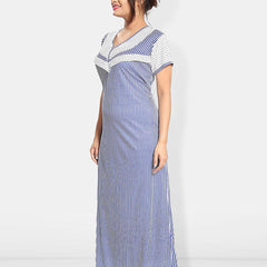Be You Striped Round Neck Satin Maternity Maxi Nightdress