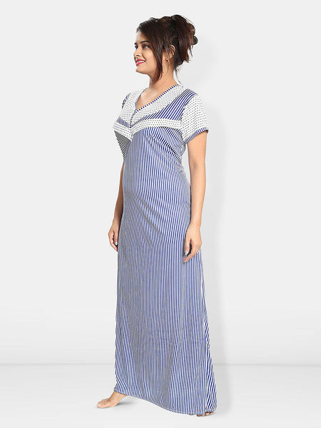 Be You Striped Round Neck Satin Maternity Maxi Nightdress