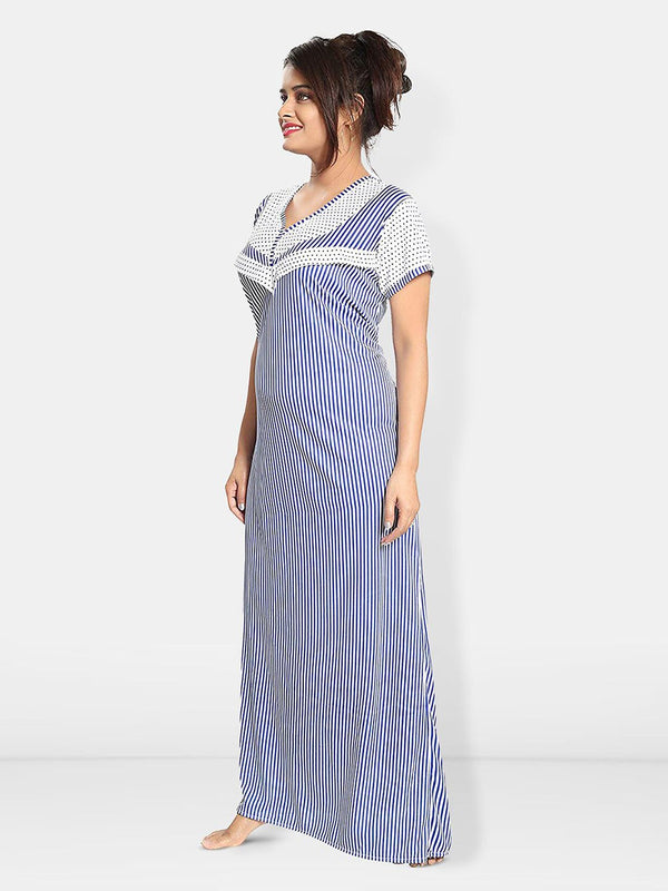 Be You Striped Round Neck Satin Maternity Maxi Nightdress