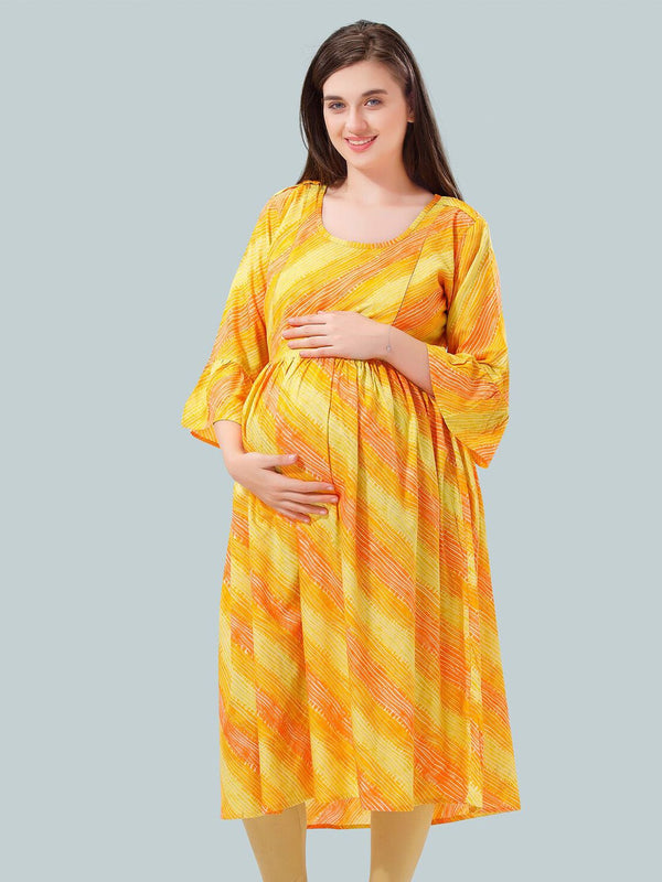 Be You Women Leheriya Printed Bell Sleeves Maternity Kurta