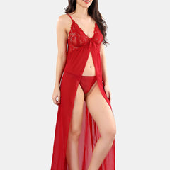 Be You Net Self Design Baby Doll Dress With Thong