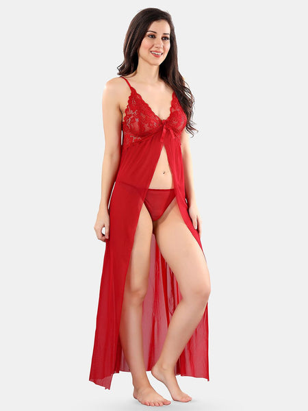 Be You Net Self Design Baby Doll Dress With Thong