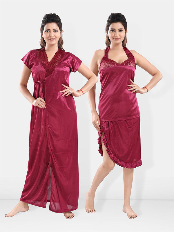 Be You V-Neck Satin Lace Night Suit With Robe