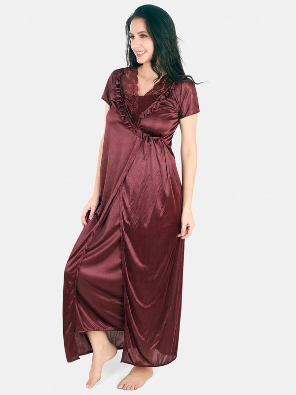 Be You Floral Lace Shoulder Straps Satin Maxi Nightdress With Robe