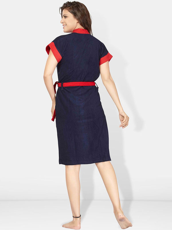 Be You Navy Blue Solid Cotton Drawstring Knee Length Bath Robe-L/XL