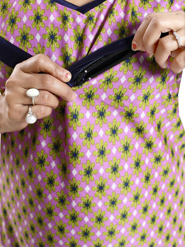 Be You Floral Printed Square Neck Satin Maternity Maxi Nightdress