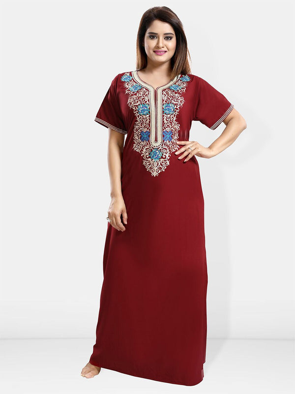 Be You Ethnic Motifs Embroidered Maxi Nightdress