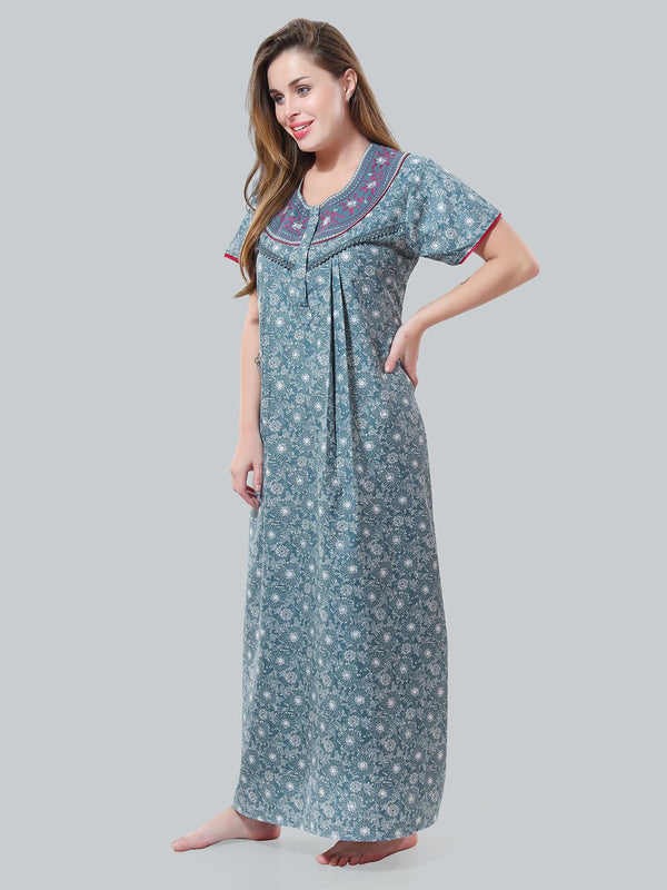 Be You Blue Embroidered Maxi Nightdress