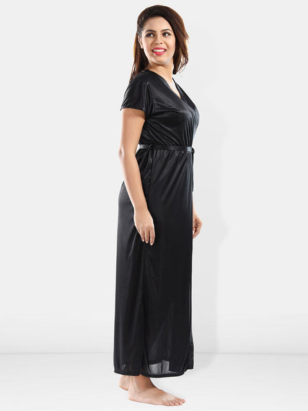 Be You Shoulder Straps Laced Nightdress With Satin Robe And Briefs