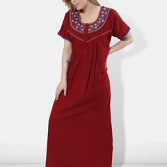 Be You Women Maroon Embroidered Maxi Nightdress