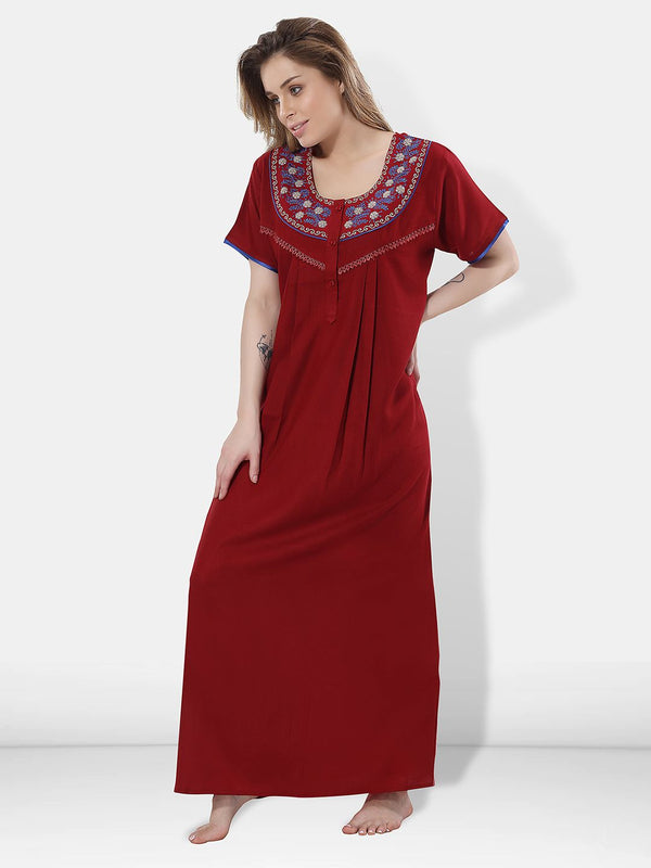 Be You Women Maroon Embroidered Maxi Nightdress