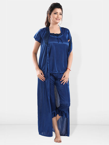 Be You Square Neck Satin Night Suit With Robe