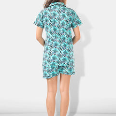 Be You Women Turquoise Blue & Black Printed Pajama & Shorts with Shirt Night Suits