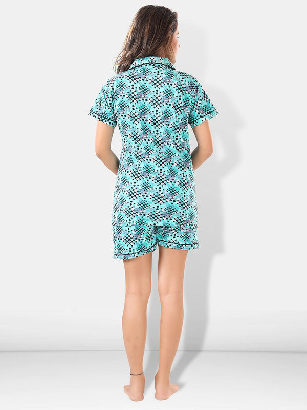 Be You Women Turquoise Blue & Black Printed Pajama & Shorts with Shirt Night Suits