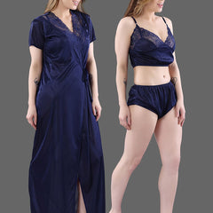 Be You Women Set Of 2 Navy Blue Maxi 1Robe with Lingerie Set Nightdress